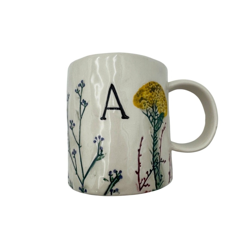 Anthropologie‎ Wildflower Study Monogram A Stoneware Mug Floral Coffee Cup Tea